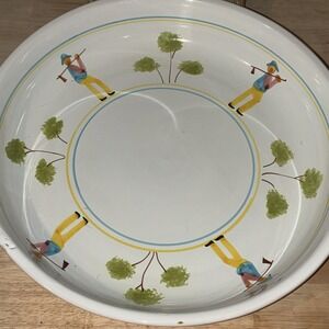 VTG Saks Fifth Avenue Lg Serving BowlHand Painted Made in Italy Lumberjack Trees